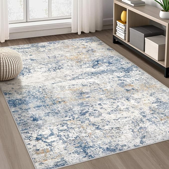 Area Rug Living Room Rugs - 10x12 Abstract Large Soft Indoor Washable Rug Neutral Modern Low Pile Carpet for Bedroom Dining Room Farmhouse Home Office - Blue