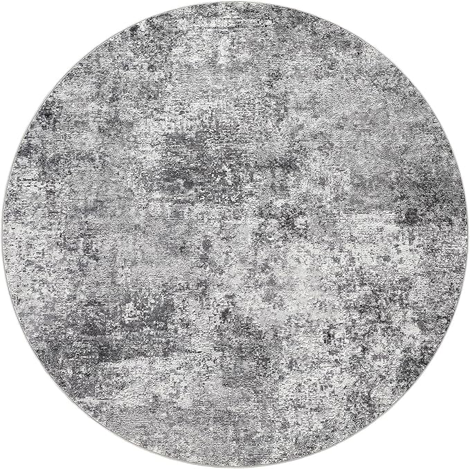 8ft Round Area Rug Living Room Rugs - 8x8 Washable Large Soft Indoor Neutral Modern Abstract Low Pile Rug Carpet for Bedroom Dining Room Farmhouse Home Office - Grey