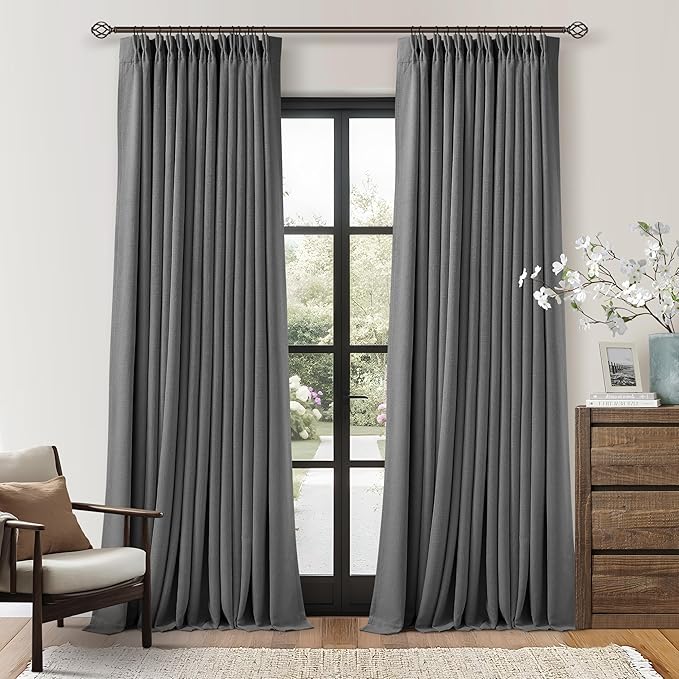 Dark Gray Linen Blackout Pleated Curtains 90 Inches Long for Living Room Darkening Pinch Pleat 100% Black Out Drapes Thermal Insulated Soundproof Charcoal Grey 90 Inch Curtain for Dining Bedroom
