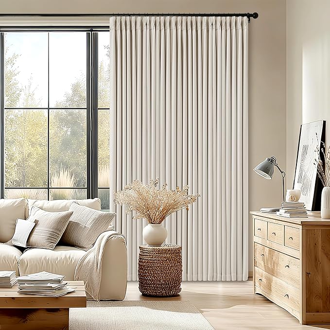 Extra Wide Pleated Linen Blackout Curtains 84 Inches Long for Bedroom Sliding Glass Door Memory Trained Pinch Pleat Double Layer Black Out Room Darkening Heat Blocking Curtain 70W x 84L 1 Panel
