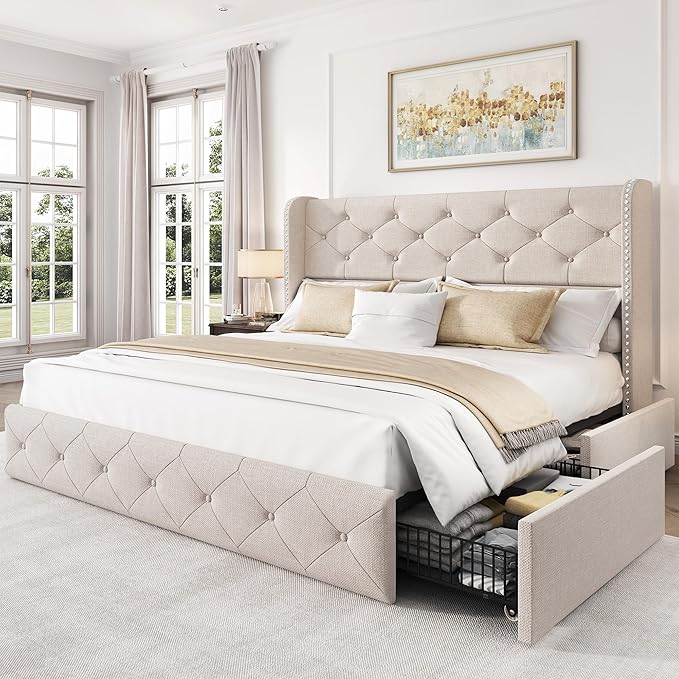 LARMACE Full Size Bed Frame with 4 Storage Drawers and Wingback Headboard Linen Upholstered Platform Bed Frame Tufted Beds with Wooden Slats Support, Easy Assembly, Beige