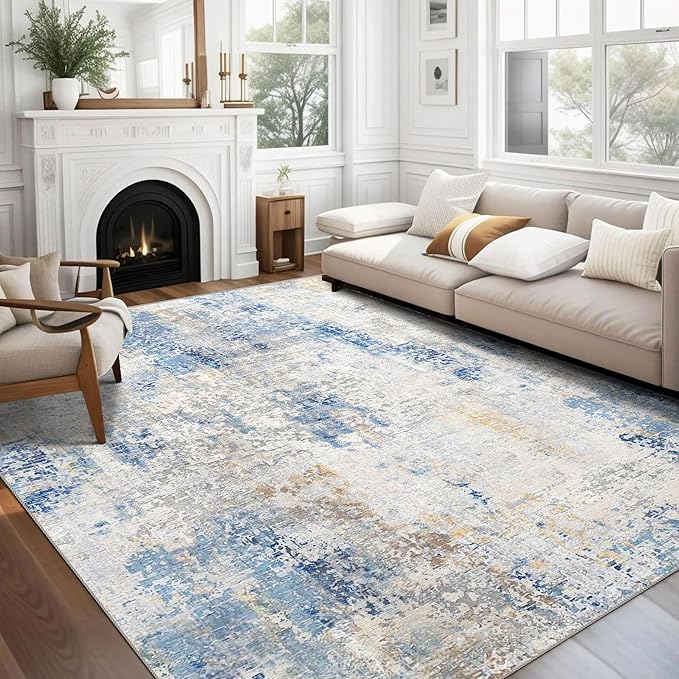 4x6 Rug, Small Area Rug for Living Room, Bedroom, Kitchen, Machine Washable Non-Slip Throw Rug, Modern Abstract Carpet for Entryway Nursery Coffee Table, Blue Ivory Yellow