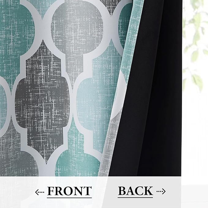 Beauoop 100% Blackout Curtains 63 Inches Long 2 Panels for Bedroom Living Room Aqua Grey Moroccan Geo Room Darkening Thermal Insulated Soundproof Rod Pocket Back Tab Window Treatments Drapes, 50x63
