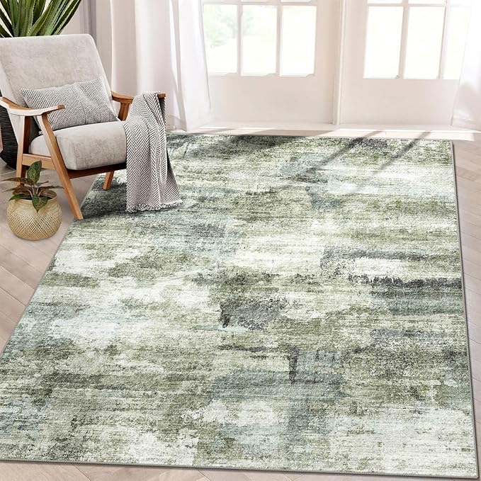 5x7 Area Rugs - Ultra-Thin Washable Rug with Non-Slip Backing, Ideal for Living Room, Bedroom, Kitchen Floor Carpet - Modern Abstract Style, Easy Clean, Durable, Low Pile Green