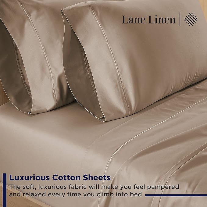 LANE LINEN 600 Thread Count 100% Cotton Sheets California King Size, Machine Washable Fully Elasticized Sofy & Comfy Low Pilling Cal Kings Sheets, Fade Resistant, Reinforced Fitted Pockets- Taupe