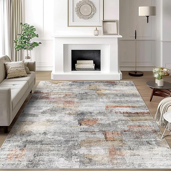 vivorug 5x7 Area Rugs - Ultra-Thin Washable Rug with Non-Slip Backing, Ideal for Living Room, Bedroom, Kitchen Floor Carpet - Modern Abstract, Easy Clean, Durable, Low Pile Gray/Rust