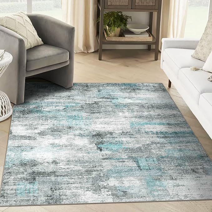 4x6 Rug, Small Area Rug for Living Room, Bedroom, Kitchen, Machine Washable Non-Slip Throw Rug, Modern Abstract Carpet for Entryway Nursery Coffee Table, Teal