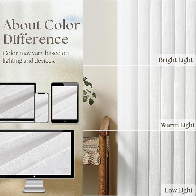 Pinch Pleated White 36 Inch Length Kitchen Curtains 2 Panels Set Linen Blend Semi Sheer Privacy Pinch Pleat Back Tab Light Filtering Curtains for Bathroom Window Small Window Drapes for Laundry