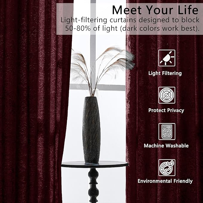 SMILETIME Burgundy Red Crushed Velvet Curtains 52x84inch Rod Pocket Luxurious Thermal Insulated Soundproof Drapes Soft and Durable Light-Filtering Window Treatments for Living Room Bedroom, 2 Panels