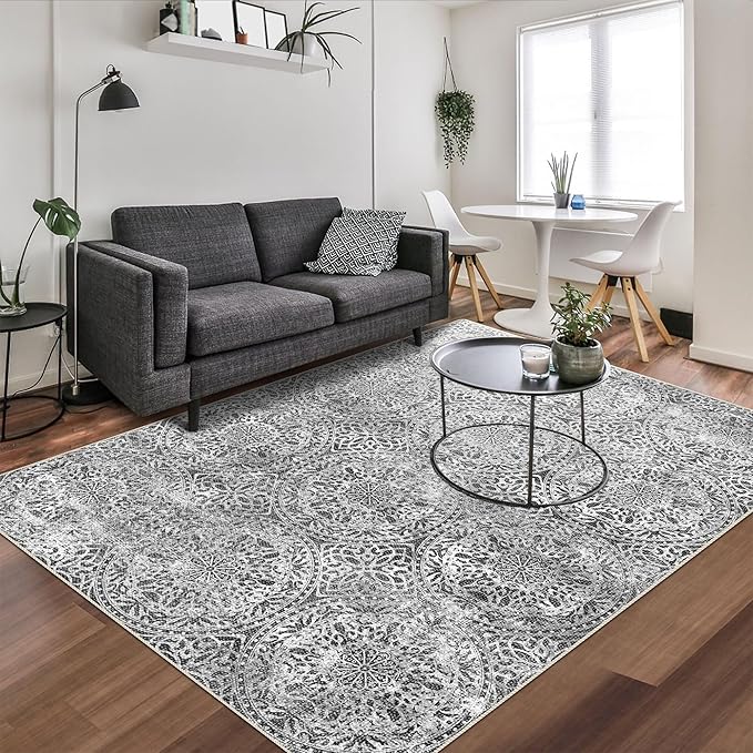 vivorug 8x10 Area Rugs for Living Room, Non-Slip Backing Washable Grey Rug 8x10, Large Area Rug Soft Carpet for Bedroom Dining Room, Vintage, Easy Clean, Durable, Low Pile Rug Under Table