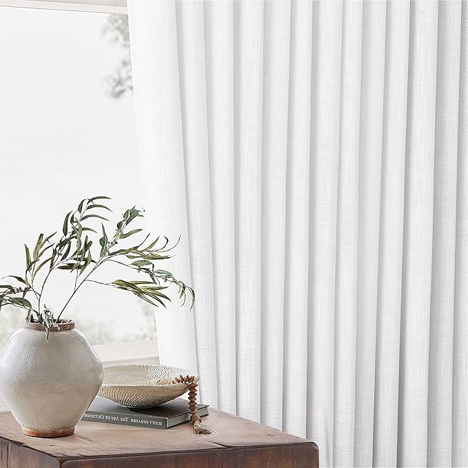 Snow White Pinch Pleated Linen Curtains 1 Panel for Living Room Bedroom Memory Training Shaped Semi Sheer Pleat Drapes with Hooks Rings Light Filtering Window Curtain 60x108