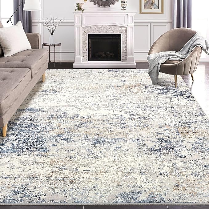 Area Rug Living Room Rugs - 10x14 Abstract Large Soft Indoor Washable Rug Neutral Modern Low Pile Carpet for Bedroom Dining Room Farmhouse Home Office - Beige Blue