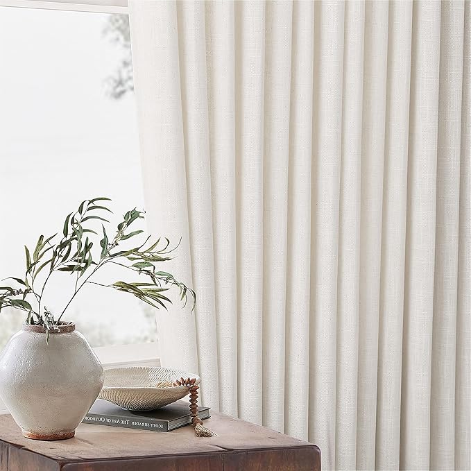 Extra Wide Pinch Pleat Linen Curtains 108 Inches Long for Living Room Sliding Glass Door 70 Inch Wide Semi Sheer Curtain Cream Ivory Boho Pleated Drape Hooks Rings 70x108 Large Window Curtain 1 Panel
