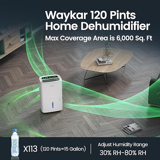 Waykar 120 Pints 2025 Energy Star Home Dehumidifier for Spaces up to 6,000 Sq. Ft at Home, in Basements and Large Rooms with Drain Hose, Handle, Auto Defrost and Self-Drying