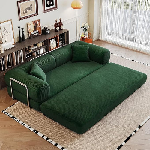 79" Convertible Sofa Bed, Corduroy Folding Pull Out Couch with Pillows, No Assembly Modern Boneless Couch Compression Sofa in Box, Floor Sofa with Support Rods for Living Room,Dark Green