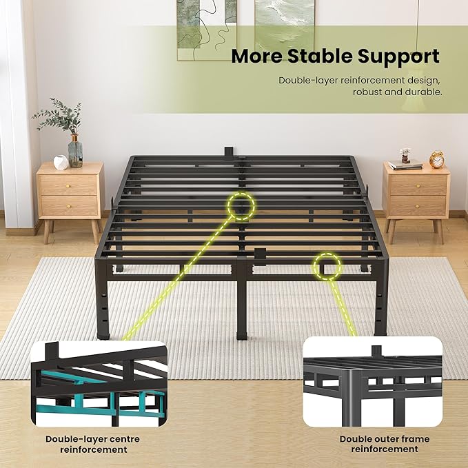 NKZ Queen Size Bed Frame 16 Inch, Metal Bed Frame & Box Spring 2 in 1 Platform with Round Corner Legs, 4000lbs Weight Capacity Reinforced Metal Frame, Headboard Hole, Noise-Free, Easy Assembly
