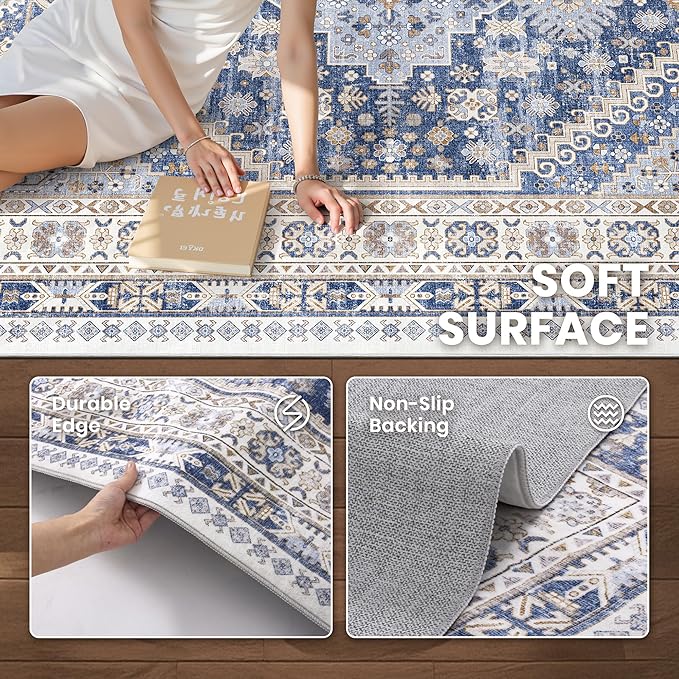 zesthome 12x15 Area Rugs, Large Washable Rug, Ultra-Thin Stain Resistant Rugs for Living Room, Bedroom, Non-Slip Backing Home Decor Area Rug (Blue/Beige,12'x15')