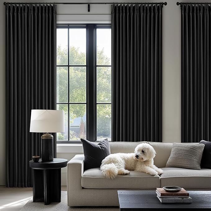 Black Blackout Pinch Pleated Linen Curtains 105 Inches Long for Living Room 2 Panels Thermal Insulted Dual Layer Drapes Ceiling Floor Back Tab 105 Inch Window Curtains Bedroom Sliding Glass Door
