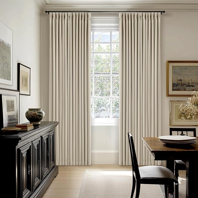 Linen Pinch Pleated Blackout Curtains 96 Inches Long 2 Panels Set for Dining Living Room Darkening Neutral Memory Shape Pinch Pleat Black Out Thermal Insulated Curtain Drapes with Liner Oatmeal Beige