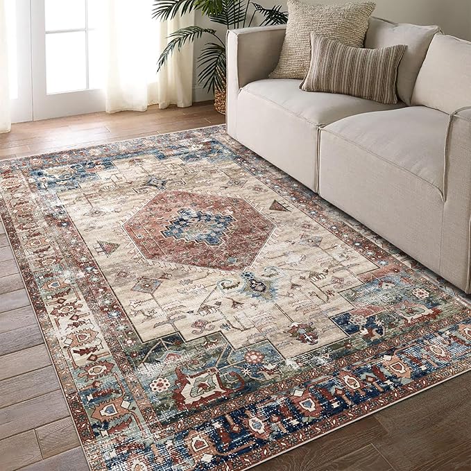 vivorug 9x12 Area Rugs for Living Room, Non Slip Machine Washable Vintage Rug, Ultra-Thin Lightweight Large Area Rug for Bedroom, Dining Room, Low Pile Brown