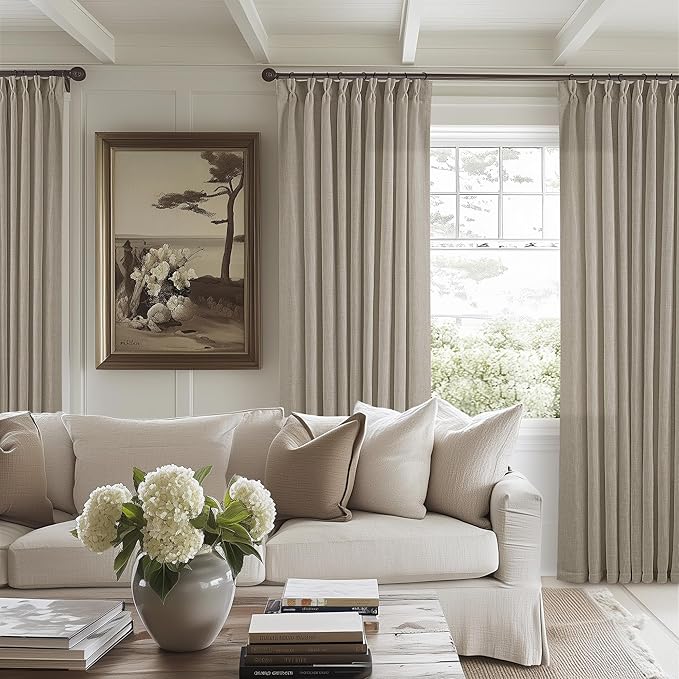Burlywood Taupe Pinch Pleated Linen 108 Inch Curtains 60 Inch Width for Living Room Divider Light Filtering Semi Sheer Extra Wide Patio Curtains for Sliding Door Floor Ceiling Picture Window 60x108