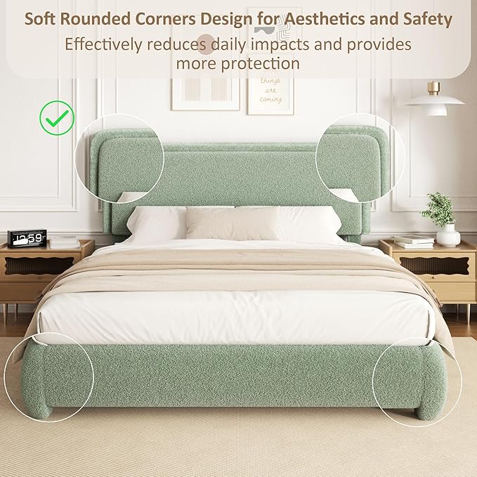 Queen Size Platform Bed Frame with Headboard, Boucle Upholstered Desige, Anti-Collision Corners, Soft Rounded Corners, No Box Spring Required, Easy Assembly, Noise Free