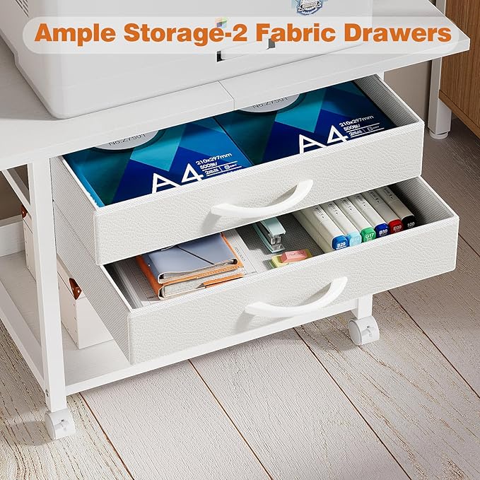 VENNQD Large Printer Stand with Storage Fabric Drawer Under Desk Printer Table with Wheels for Home Office, Printer Cart fit Fax Machine Scanner 23.4"x15.7" (White, 2 Tiers)