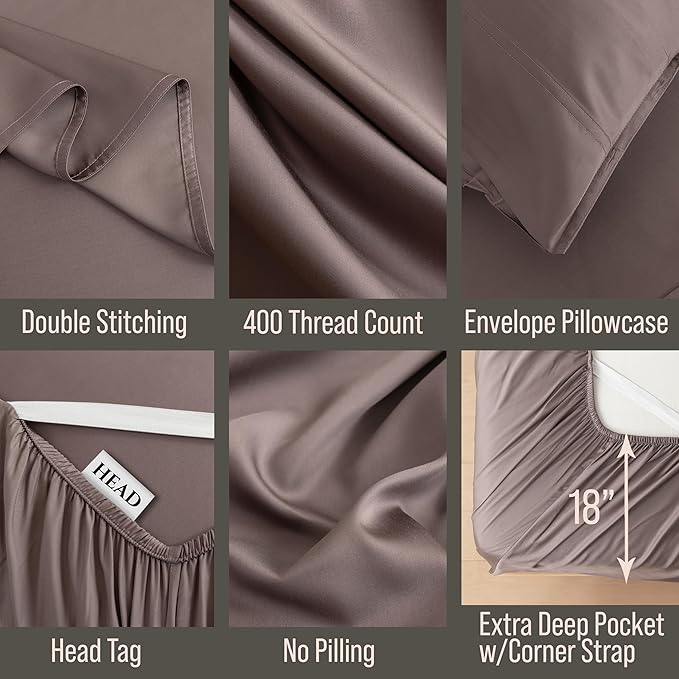 Bella Coterie 6 Piece Luxury Bamboo Viscose Queen Size Sheet Set | 100% Organically Grown | Cooling for Hot Sleepers | 18" Deep Pocket | Soft & Hypoallergenic | 4 Pillowcases [Mocha]