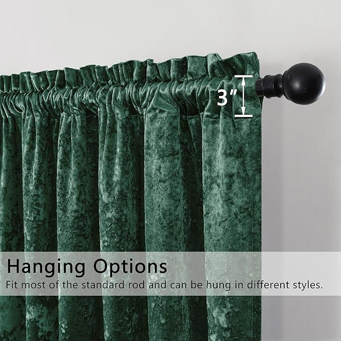 SMILETIME Forest Green Crushed Velvet Curtains 52x108inch Rod Pocket Luxurious Thermal Insulated Soundproof Drapes Soft and Durable Light-Filtering Window Treatments for Living Room Bedroom, 2 Panels