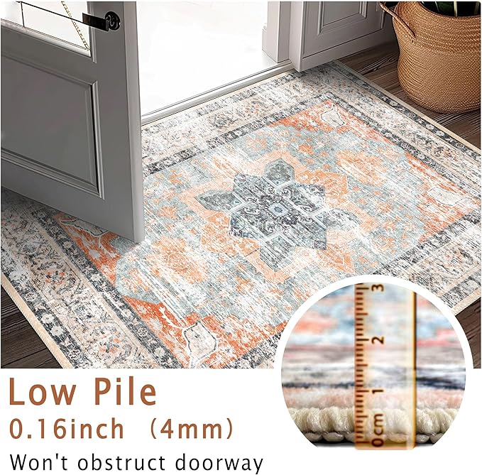 4x6 Rug, Small Area Rug for Living Room, Bedroom, Kitchen, Machine Washable Non-Slip Throw Rug, Vintage Distressed Floral Carpet for Entryway Nursery Dinner Room, Orange
