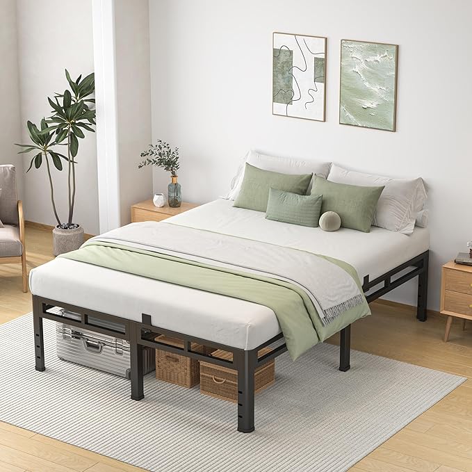 NKZ Queen Size Bed Frame 14 Inch, Metal Bed Frame & Box Spring 2 in 1 Platform with Round Corner Legs, 4000lbs Weight Capacity Reinforced Metal Frame, Headboard Hole, Noise-Free, Easy Assembly