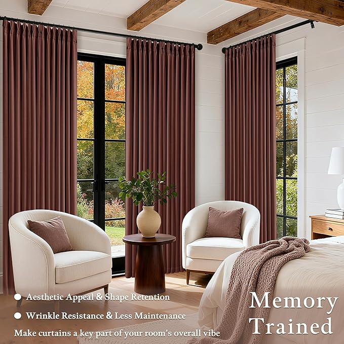 Reddish Brown Linen Blackout Pleated Curtains 90 Inches Long for Living Room Darkening Pinch Pleat 100% Black Out Drapes Thermal Insulated Soundproof Rust Brown 90 Inch Curtain for Dining Bedroom