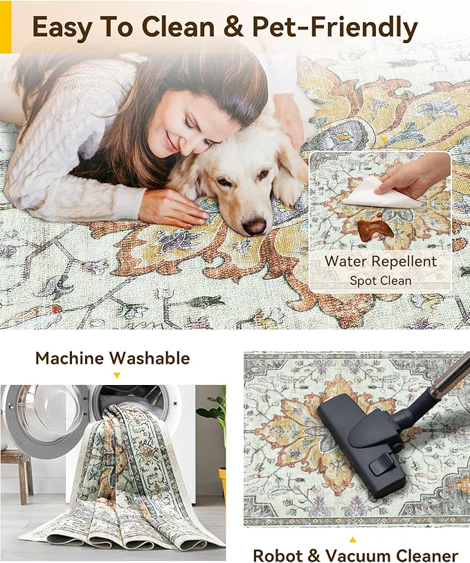 Area Rugs 2'x6' Washable Non-Slip, Floral Vintage Distress Print Pattern Medallion Carpet for Living Room Bedroom Dining Room, Light Yellow Carbon Grey Orange