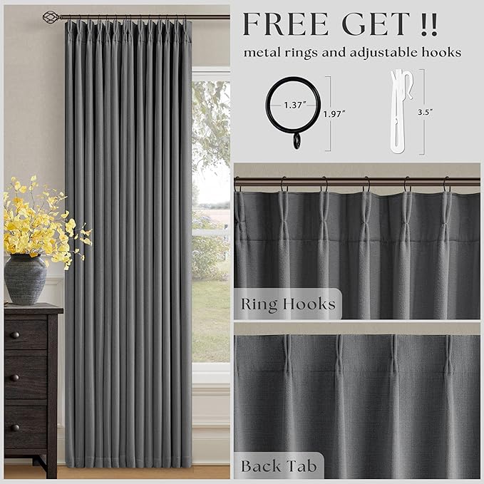 Dark Gray Linen Blackout Pleated 86 Inch Curtains for Living Room Darkening Pinch Pleat 100% Black Out Drapes Thermal Insulated Soundproof Charcoal Grey 86 Inch Curtain for Dining Bedroom