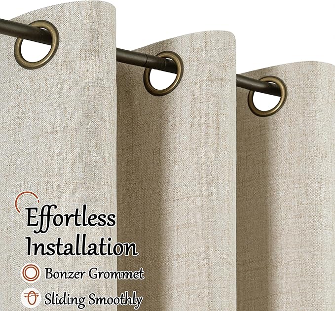 Beige 100% Blackout Curtains for Living Room 90 Inch Length 2 Panels Set, Thermal Insulated Light Blocking Faux Linen Curtains for Bedroom, Bronze Grommet Boho Window Drape Each 52" Wide
