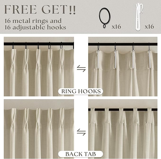 Linen Flax 102 Inch Curtains Pinch Pleated Linen Curtains 2 Panels for Living Room Bedroom Memory Training Semi Sheer Pinch Pleat Farmhouse Beige Drapes Back Tab Light Filtering Window Curtain 40x102