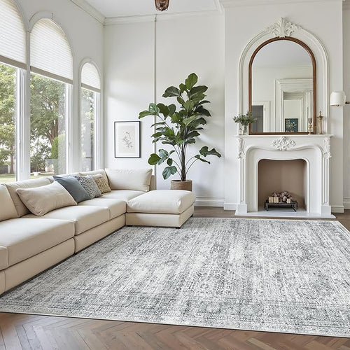 9x12 Area Rugs for Living Room, Non Slip Machine Washable Vintage Rugs, Low Pile Lightweight Large Rug for Bedroom, Dining Room, Home Office Grey