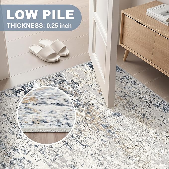 Area Rug Living Room Rugs - 5x8 Abstract Large Soft Indoor Washable Rug Neutral Modern Low Pile Carpet for Bedroom Dining Room Farmhouse Home Office - Beige Blue