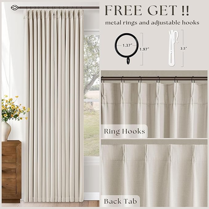 70 Inch Extra Wide Blackout Curtain 96 Inches Long for Living Room Pinch Pleated Natural Linen Cream Beige Thermal Drapes Back Tab Room Darkening 100% Blackout for Bedroom Large Window 70x96 1 Panel