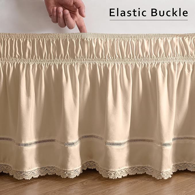 MIYE Wrap Around Ruffled Lace Bed Skirt, Elastic Dust Ruffle with Adjustable Belts, Easy to Put On, Bed Frame Cover, Machine Washable (Floral Lace/Beige, Full/Twin-15 Drop)