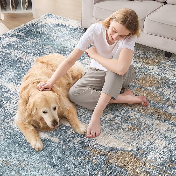 Area Rug Living Room Rugs - 8x10 Washable Large Soft Indoor Neutral Modern Abstract Low Pile Rug Carpet for Bedroom Dining Room Farmhouse Home Office - Blue Brown