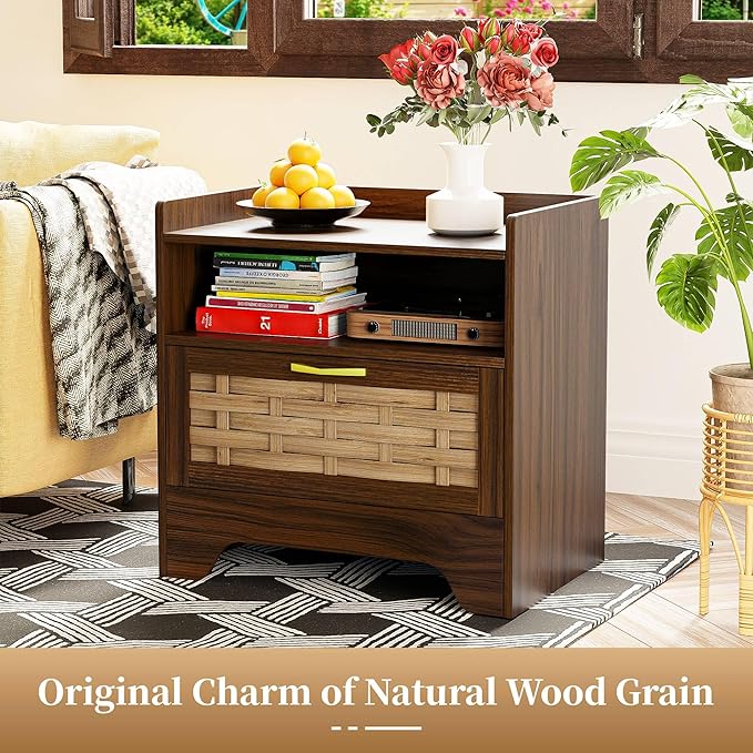 24" Rattan Nightstand Set of 2, Walnut Bedside Table with Semi Open Cubby, Boho Night Stand with Farmhouse Arched Base for Bedroom, Side Table, End Table for Dorm