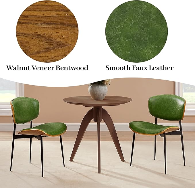 Art Leon Faux Leather Dining Chairs - Set of 2 Mid Century Modern Desk Chair No Wheels, Armless Accent Chair with Black Metal Legs, Green/Walnut
