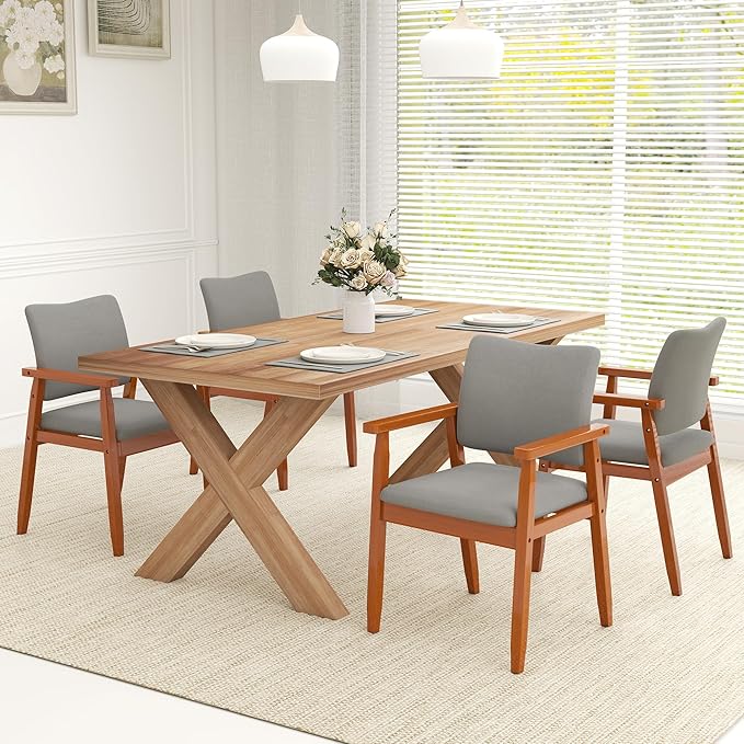 thksbought Set of 4 Mid Century Modern Walnut Dining Chairs Wood Arm Grey Fabric Kitchen Cafe Living Room Decor Furniture