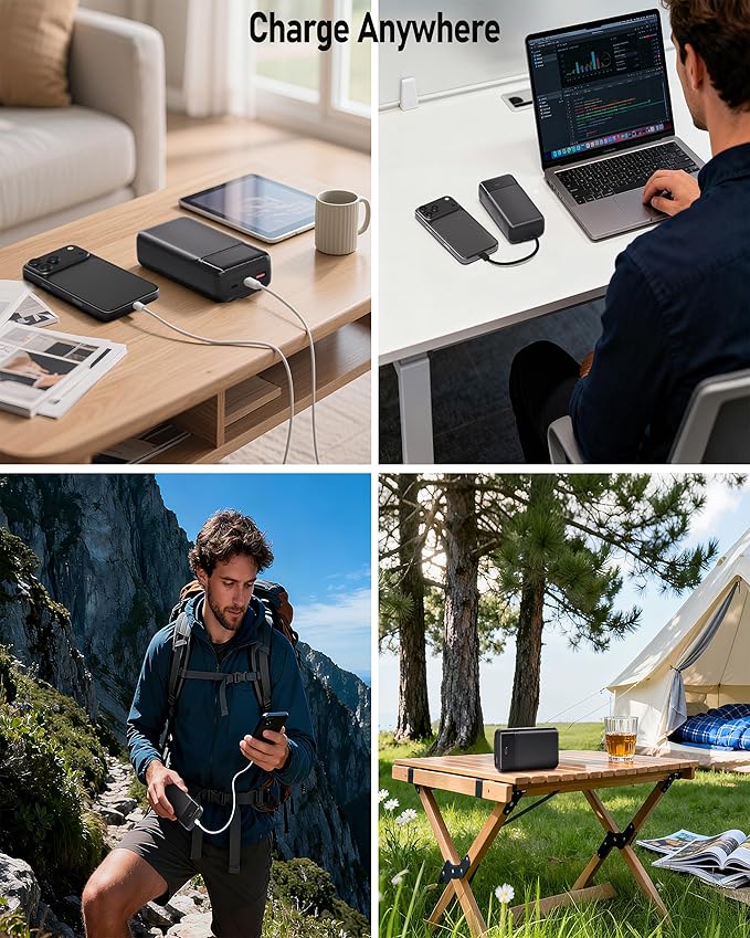 Power-Bank-Portable-Charger 49800mAh Portable Phone Charger Power Bank with 3 Built-in Cable(USB-C, iOS, USB-A), 22.5W Fast Charging LED Display External Battery Pack for iPhone Android Samsung, etc