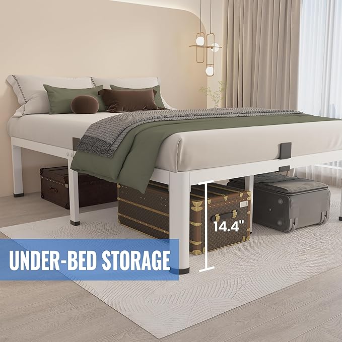 MAF 16 Inch Queen Size Bed Frame White with Round Corner Legs Mattress Slide Stopper No Box Spring Needed Heavy Duty Metal Platform Bed Frames Under-Bed Storage Space, 3000 LBS Steel Slats Support