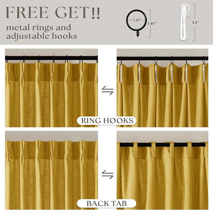 Farmhouse Mustard Yellow Linen Curtains 102 Inches Long for Living Room Pinch Pleated Drape with Hooks Rings for Track System Light Filtering 102 Inch Curtain for Bedroom Sliding Patio Door 2 Panels