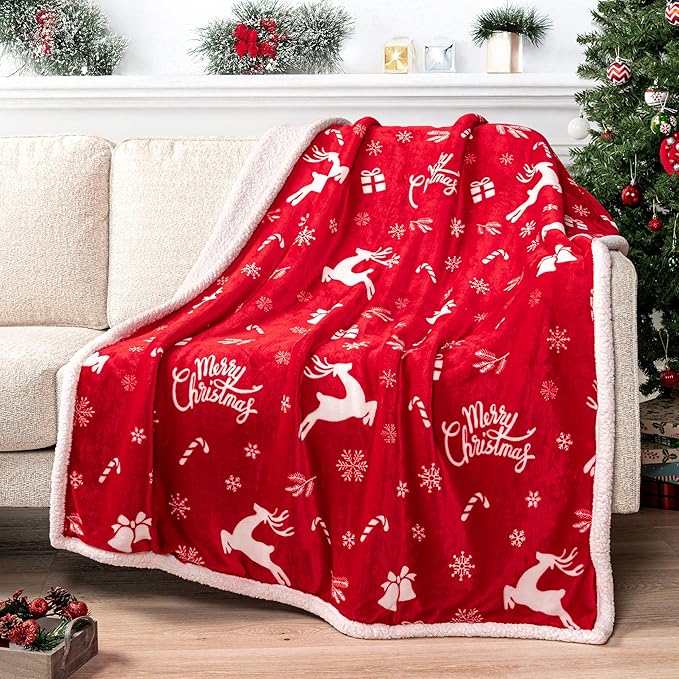 PAVILIA Red Reindeer Christmas Sherpa Throw Blanket, Ultra Soft Reversible Fleece Sherpa 60x80 Winter Blanket for Couch & Bed, Cozy Christmas Home Decor Holiday