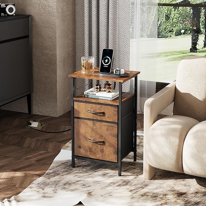 WLIVE Nightstand with Charging Station, End Table with 2 Fabric Drawers for Storage, Small Bedroom Dresser, Bed Side Table, 2 USB Ports and 2 Outlets, Easy Assembly, Rustic Brown