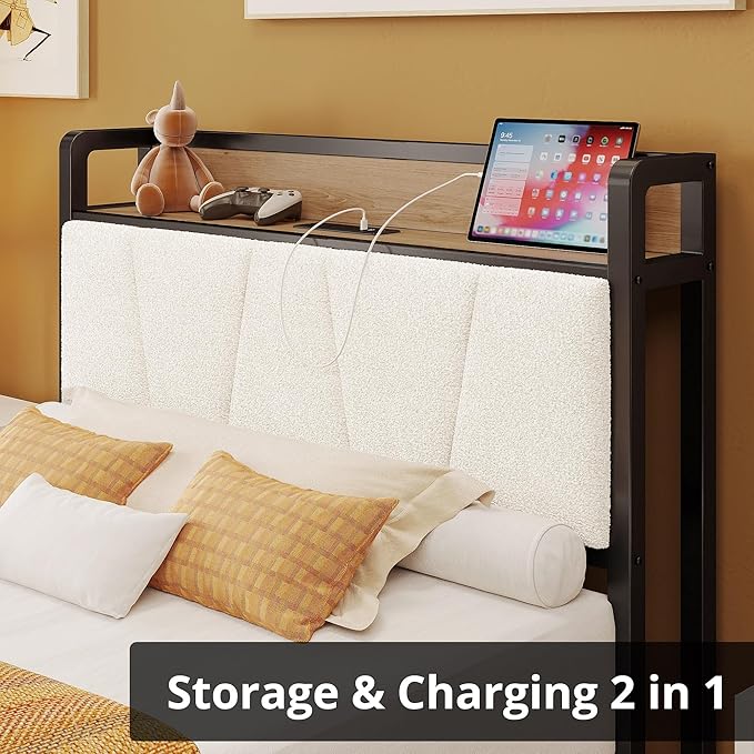 LIKIMIO Twin XL Bed Frames, Storage Headboard with Charging Station, Solid and Stable, Noise Free, No Box Spring Needed, Easy Assembly, Wood and Cream